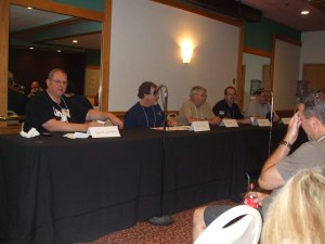 Who Was That Masked Man? panel at Necon 32. From left to right, panelists Hank Wagner, John Mcllveen, Bob Booth, and Jack Haringa.