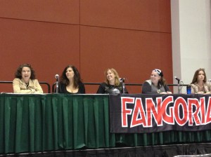 The Women of Horror panel: (from left to right) actress Heather Langenkamp, author Tracy Carbone, author Stacey Longo, author Trisha Wooldridge, and actress Lisa Marie. Photo by Jason Harris.