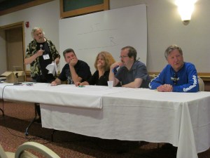 From left to right: Craig Shaw Gardner, Christopher Golden, Elizabeth Massie, Nicholas Kaufman, and F. Paul Wilson participating in That Damn Game Show.