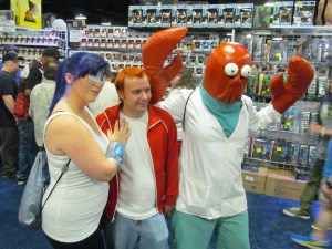Futurama'sTuranga Leela, Philip J. Fry, and Dr. John A. Zoidberg.