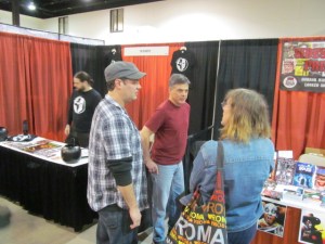 From right to left: authors Robert Duperre, Kurt Newton, and Stacey Longo at the Sideshow Press and Shock Totem tables.