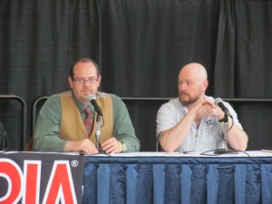 Authors Jack Haringa and Bracken MacLeod on the Writer's Studio panel.