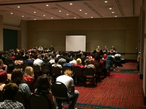 The Voice Acting in Television panel with Kari Wahlgren, Chris Bevins, Maurice LeMarche, Phil Lanarr, Bill Farmer, and Dameon Clarke.