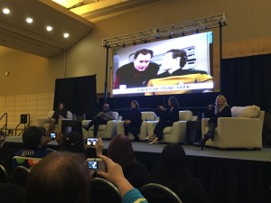 The Faces of Star Trek panel (from Left to right): Marina Sirtis, Michael Dorn, Gates McFadden, Terry Farrell, and moderator Clare Kramer. 